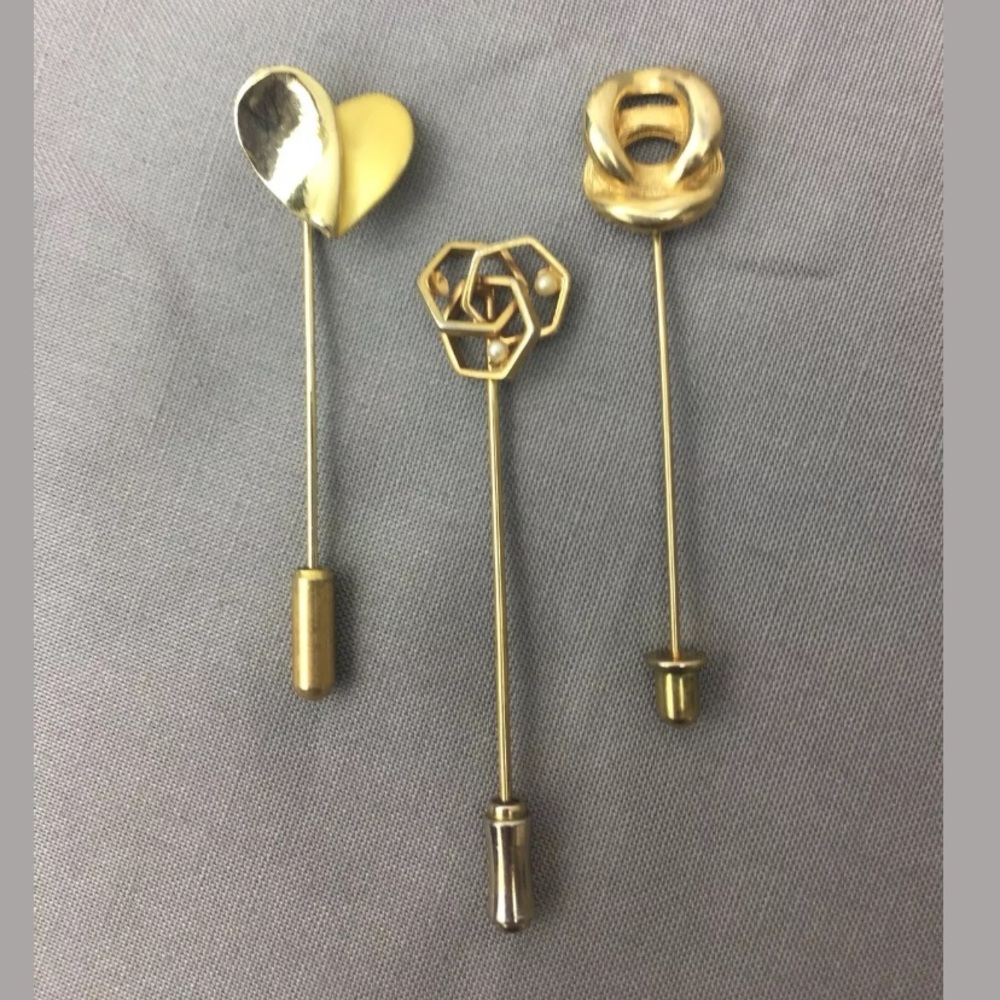 Vintage gold tone stick pins set of 3 heart pearl